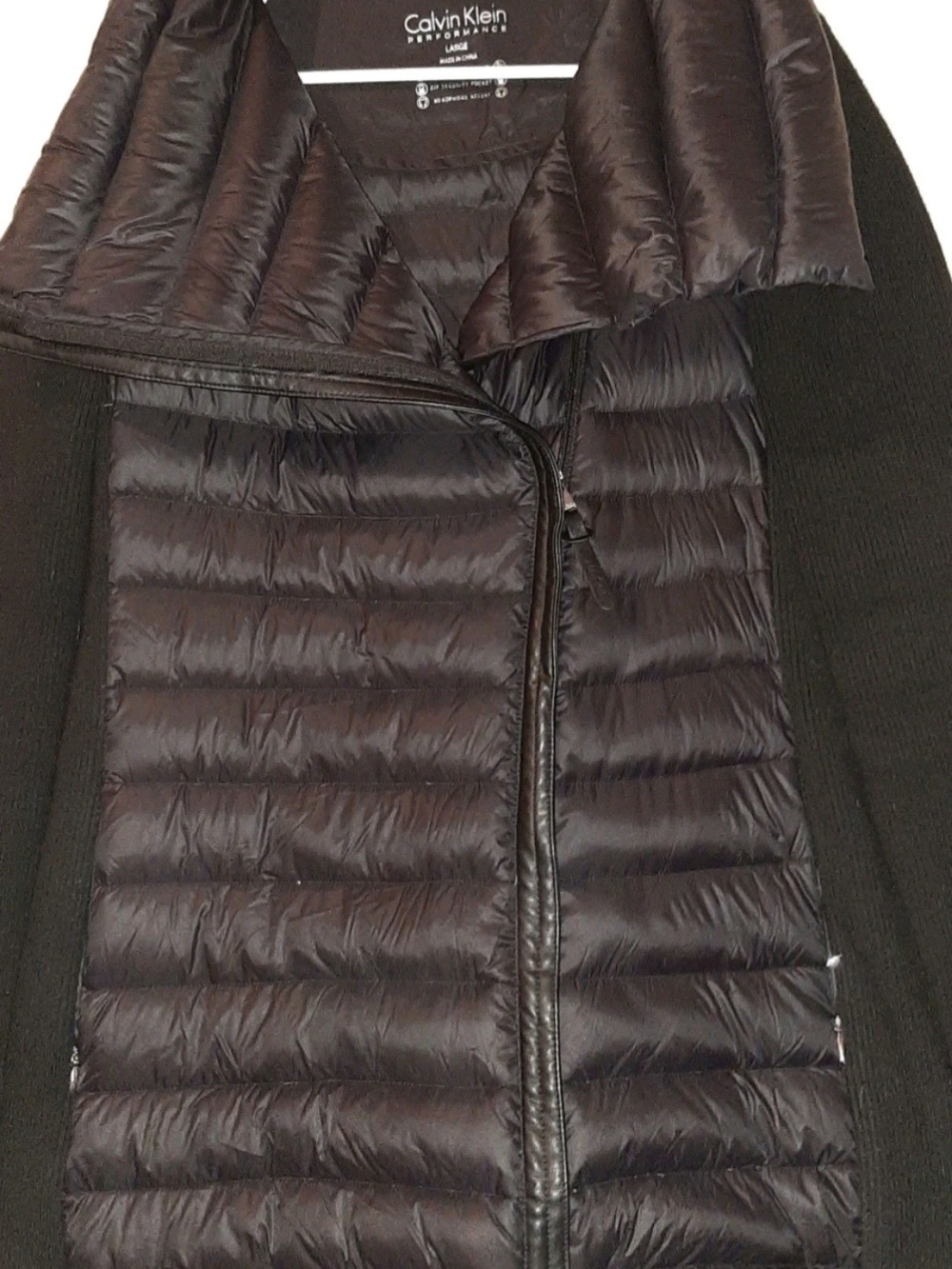 Calvin Klein Womens Black Duck Down Quilted Puffer Jacket with Knit Sleeves L